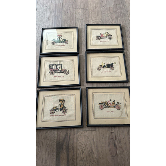 Other - 6 VINTAGE COMPLETED EMBROIDERY Antique Cars Framed Old Frames